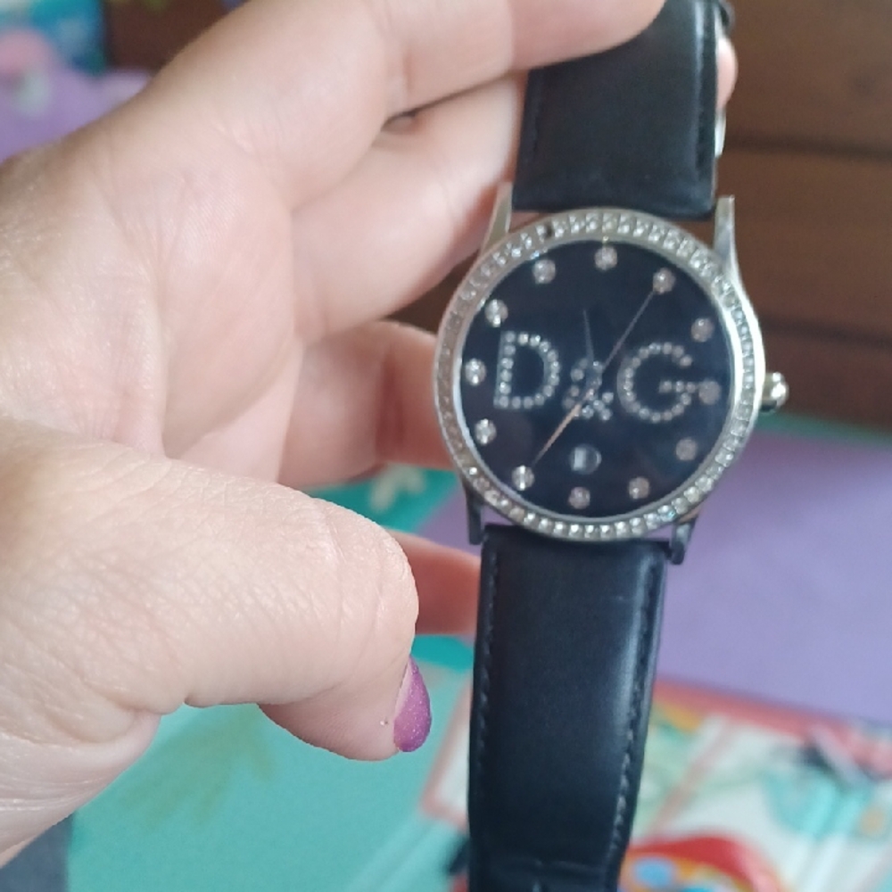 D&G Black Leather Watch with Crystal Accents